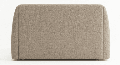 A modern upholstered platform bed featuring a low-profile frame and a distinctive, sculptural curved headboard, all covered in a textured light beige fabric. The bed is presented with dark grey bedding and assorted pillows. — 3D model