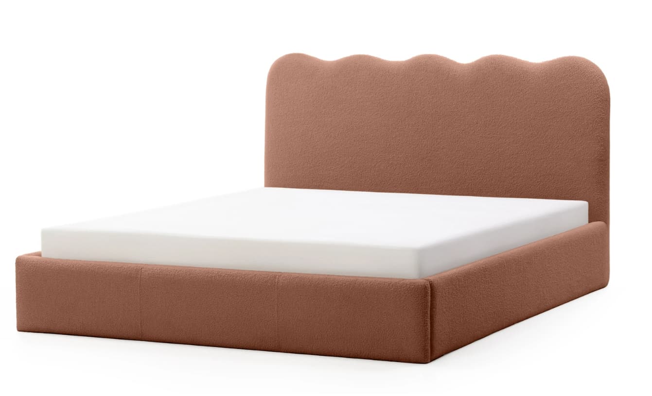 A contemporary platform bed featuring a distinctive scalloped headboard and fully upholstered frame in a textured, reddish-brown fabric. The design is minimalist with a focus on soft curves and plush texture. A white mattress sits flush within the frame. — 3D model