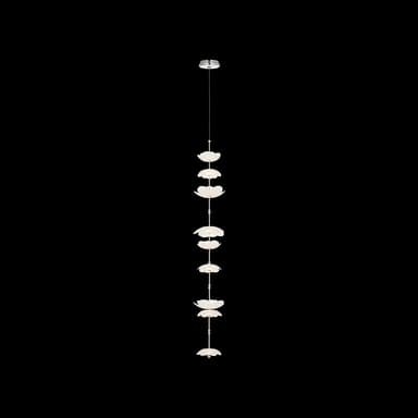 A multi-tiered pendant light featuring numerous flower-shaped diffusers suspended vertically from a single ceiling canopy. The diffusers are opaque white, housing individual light sources, and are connected by slender silver-toned rods, creating a cascading, organic aesthetic. — 3D model