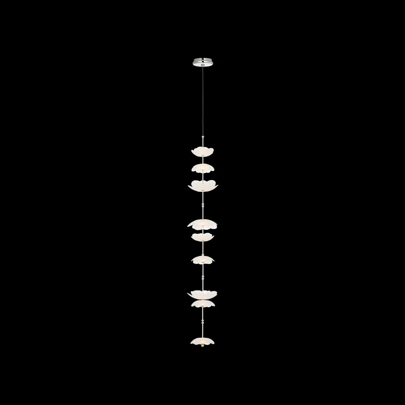 A multi-tiered pendant light featuring numerous flower-shaped diffusers suspended vertically from a single ceiling canopy. The diffusers are opaque white, housing individual light sources, and are connected by slender silver-toned rods, creating a cascading, organic aesthetic. — 3D model