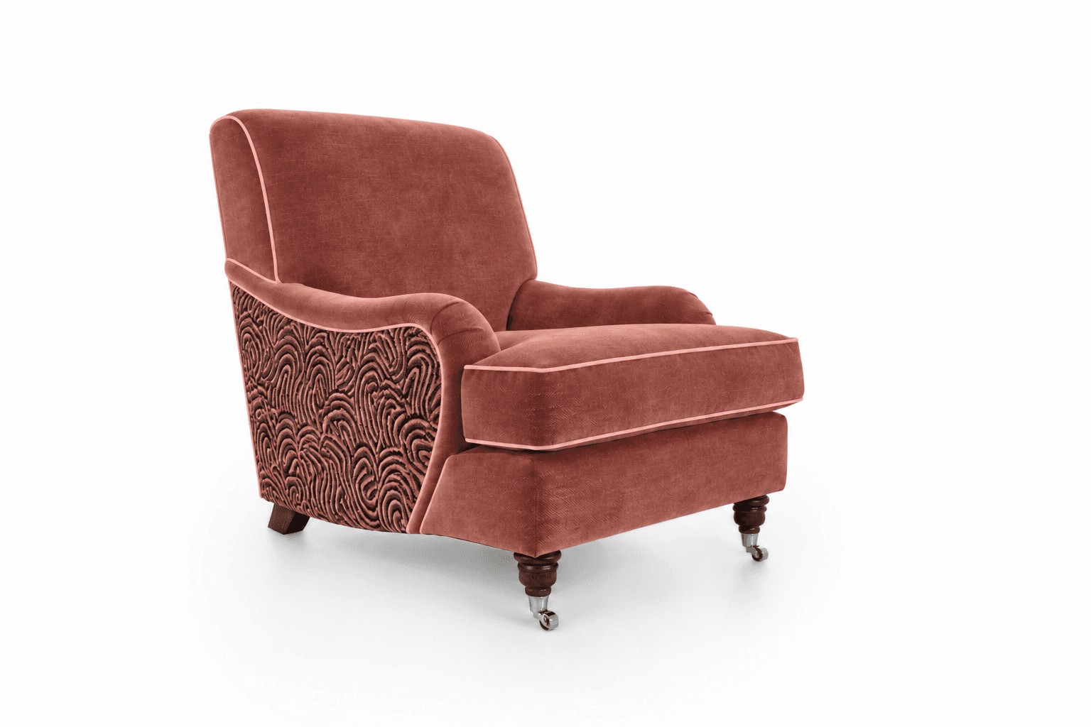 A traditional upholstered armchair featuring a main body in rose-toned velvet fabric, distinguished by patterned side panels. The chair has rolled arms, a single seat cushion, and sits on turned wooden legs, with the front two legs equipped with metal casters. — 3D model