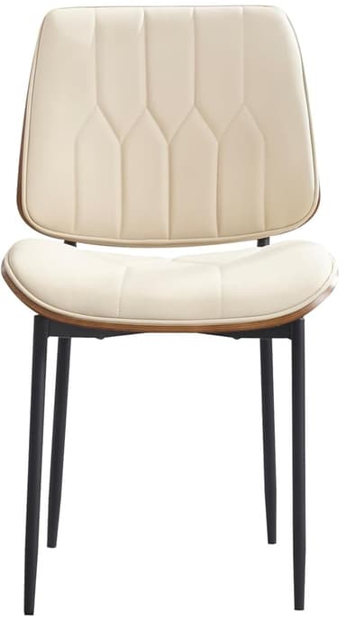 A dining chair with a curved, padded seat and backrest. The seat and backrest appear to be upholstered in a light-colored faux leather with decorative stitching. The chair has a thin wooden trim around the seat and backrest, and black metal legs. Dimensions are indicated for the backrest height (15.15 inches) and seat width (19.69 inches). — 3D model