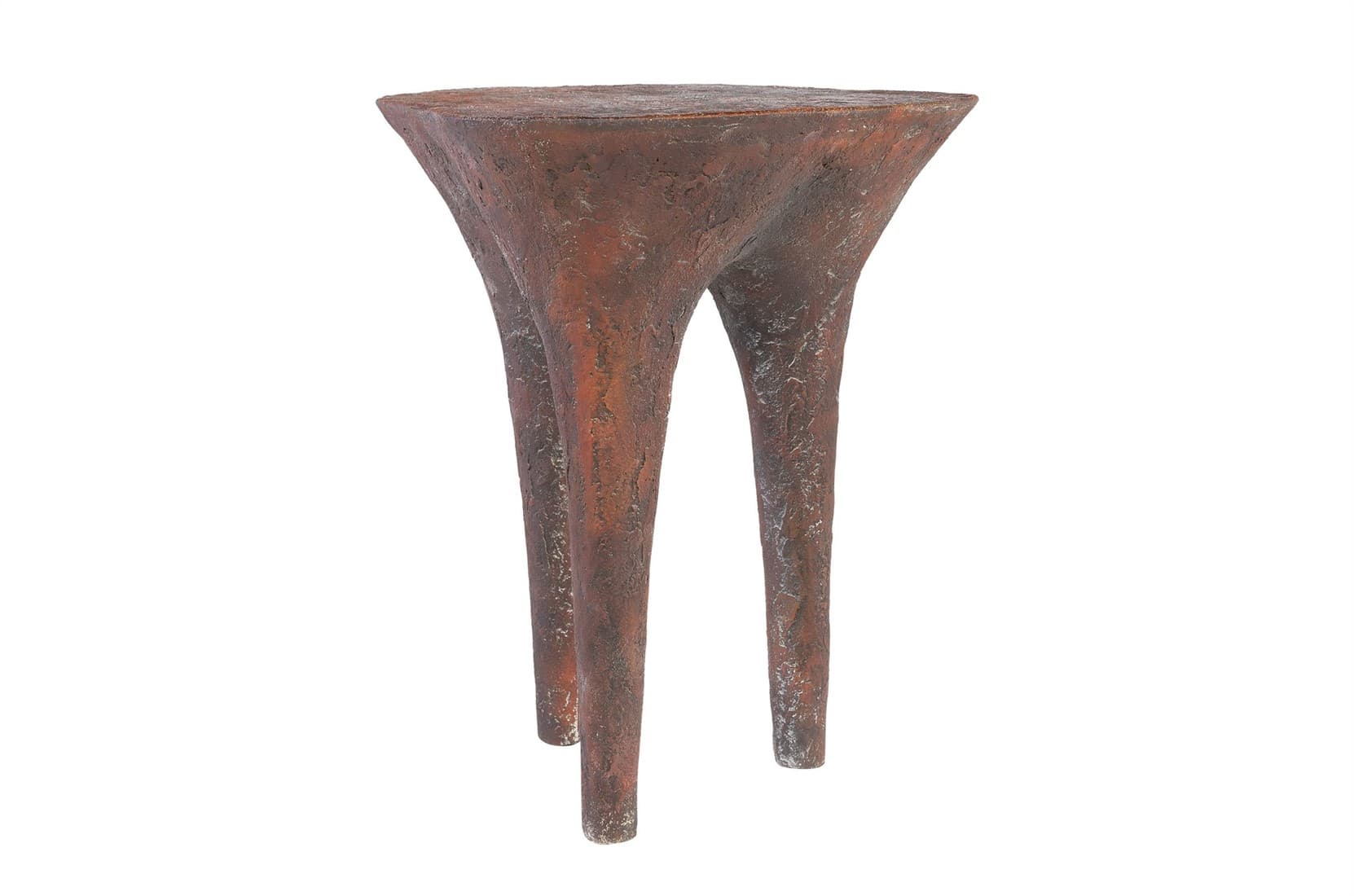 A small, three-legged end table with a textured, organic form. The tabletop is roughly circular and tapers downwards into three bulbous legs that spread outwards. The surface texture appears rough and pitted, suggesting a material like concrete, plaster, or a textured resin. — 3D model