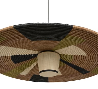 A contemporary pendant light featuring a wide, flat, circular shade crafted from intricately woven natural fibers. The shade displays a multi-color pattern, incorporating segments of brown, black, green, and natural beige, arranged in both concentric circles and radial stripes. A central, conical light diffuser, made of a light-colored fabric, is positioned underneath the main shade, suspended by a black cord. — 3D model