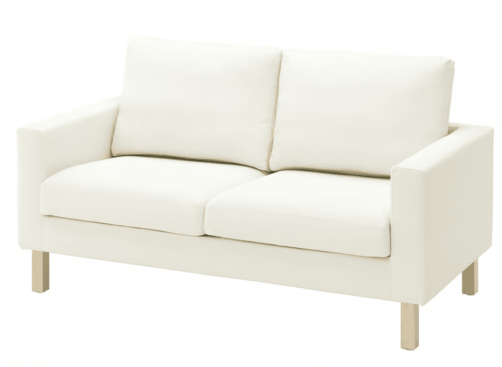 A modern, off-white, two-seater sofa with clean lines. It features a padded seat cushion and two back cushions. The sofa is supported by four cylindrical wooden legs. The upholstery appears to be fabric. — 3D model