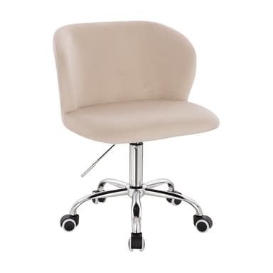 A modern office chair with a padded backrest and seat, featuring a chrome-plated five-star base with caster wheels for mobility. The chair is upholstered in a light beige fabric and has a pneumatic height adjustment lever. — 3D model