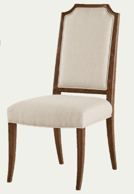 A single upholstered dining chair with a tall, slightly curved backrest. The chair features a wooden frame with visible grain. The seat and backrest are upholstered in a light-colored, textured fabric, trimmed with a contrasting welt cord. The legs are slender and tapered. — 3D model