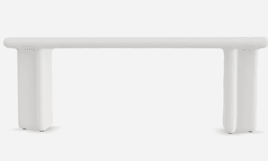 A minimalist bench with a rectangular seat and two vertical supports that appear to be fused or molded together in a single piece. The edges of the seat are rounded. The structure has a clean, modern aesthetic. — 3D model