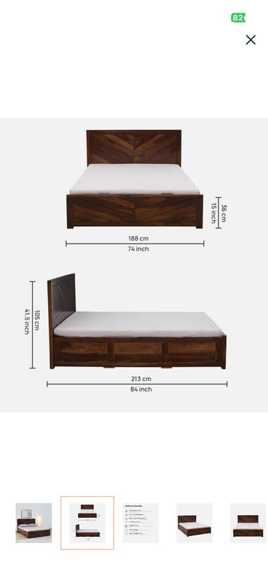 A dark brown wooden platform bed with a distinctive chevron pattern on the headboard and integrated storage drawers. — 3D model