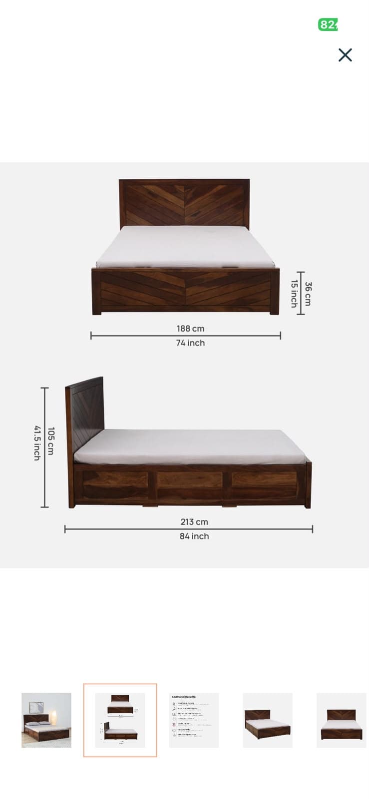 A dark brown wooden platform bed with a distinctive chevron pattern on the headboard and integrated storage drawers. — 3D model