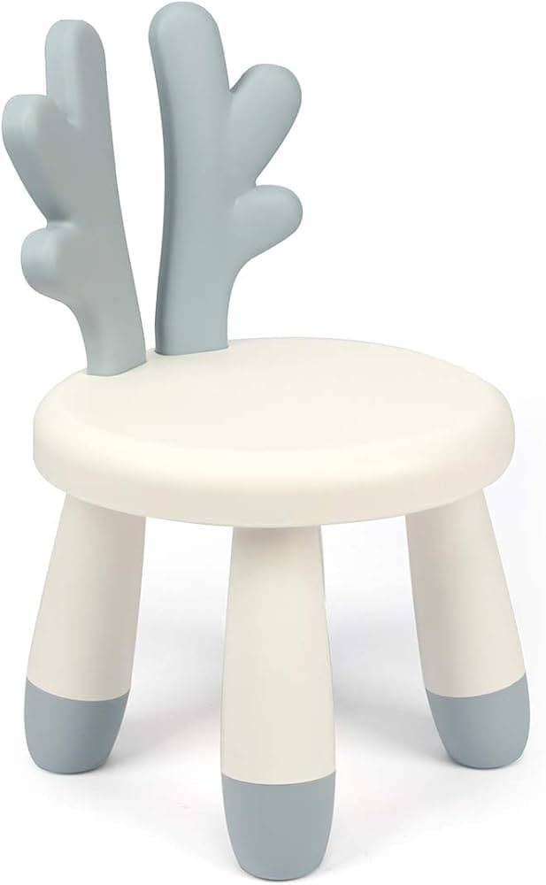 A whimsical children's chair featuring a light off-white circular seat and four stout legs, complemented by a distinctive light blue-grey antler-shaped backrest. The legs are two-toned, matching the seat color on top and the backrest color on the feet. — 3D model