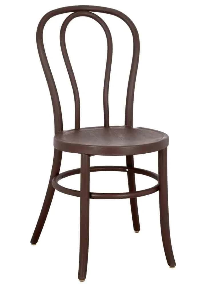 A bentwood dining chair with a curved backrest composed of two arches, a circular seat, and four splayed legs connected by a circular stretcher. — 3D model