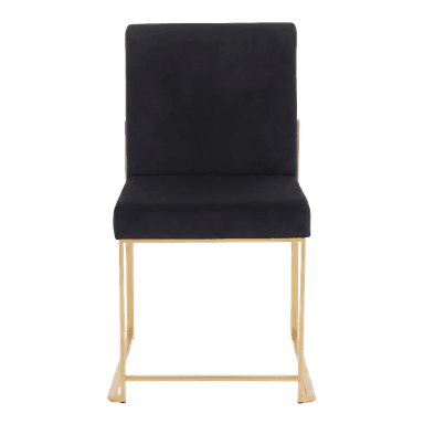A contemporary armless dining chair featuring a tall, rectangular backrest and a matching rectangular seat, both upholstered in plush black velvet. The chair is supported by a sleek, geometric frame constructed from polished gold-finished metal, which forms the legs and provides a decorative horizontal bar across the lower back. The design emphasizes clean lines and a luxurious material contrast. — 3D model