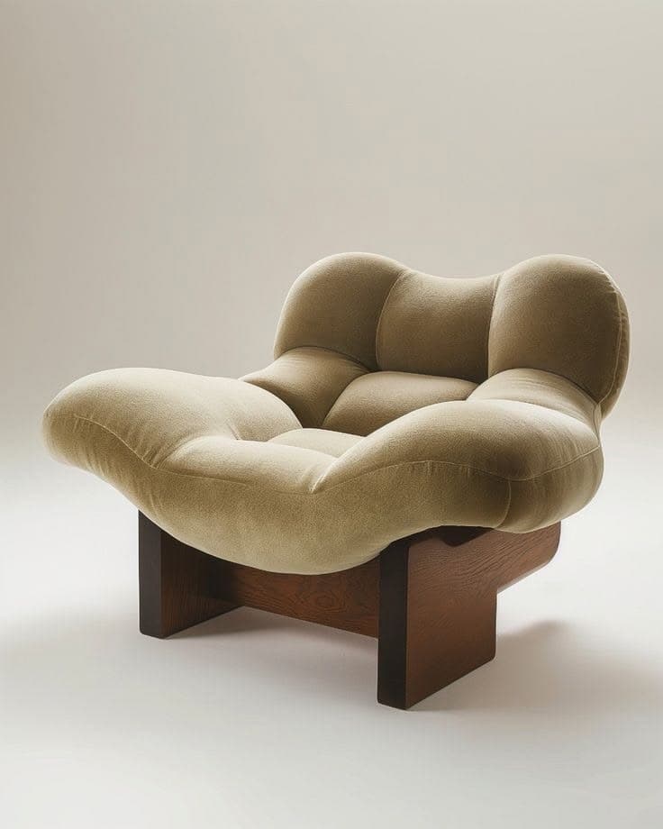 A plush, low-profile armchair with an organic, rounded silhouette. The seat and back are heavily upholstered with deep tufting, creating a cloud-like appearance. The armchair is supported by a solid wooden base with a modern, geometric design. — 3D model
