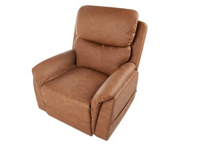A contemporary recliner chair upholstered in a distressed brown material. It features a high back with padded headrest, overstuffed armrests, and a divided seat cushion. A control panel with buttons is visible on the right armrest, indicating electronic reclining functionality. The base appears to be a mechanical lifting mechanism. — 3D model