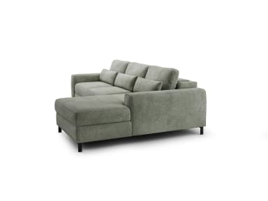 A sectional sofa with a chaise lounge extension. It features upholstered cushions for the seat and back, with additional throw pillows. The sofa is supported by dark, low-profile legs. — 3D model