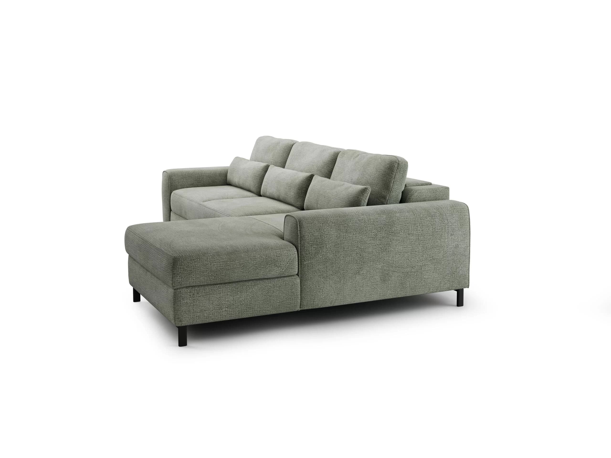 A sectional sofa with a chaise lounge extension. It features upholstered cushions for the seat and back, with additional throw pillows. The sofa is supported by dark, low-profile legs. — 3D model