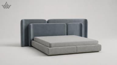 A modern platform bed featuring a low-profile upholstered frame and a distinctive modular headboard composed of several individual padded panels. The bed frame is covered in a light grey, textured boucle-like fabric, while the headboard panels are upholstered in a smooth, darker blue-grey fabric, possibly velvet or a soft textile. The headboard panels exhibit rounded corners, contributing to a contemporary and inviting aesthetic. A light grey mattress is positioned within the frame, which itself rests on a recessed plinth base. — 3D model