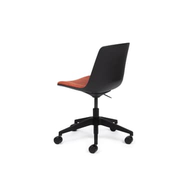 An armless swivel office chair featuring a black plastic backrest and a vibrant orange upholstered fabric seat. It sits on a black five-star base with casters and includes a lever for height adjustment. — 3D model
