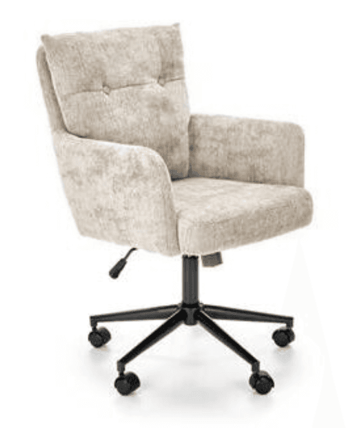 A padded, upholstered office chair with integrated armrests, a high back featuring button tufting, and a black five-star swivel base with casters and height adjustment. — 3D model