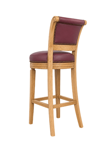 A traditional bar stool featuring a light-toned wooden frame and rich maroon leather upholstery. The seat and backrest are adorned with decorative brass nailhead trim. The backrest has a distinctive scrolled top detail, and the legs are carved with subtle fluting, connected by a square footrest. — 3D model