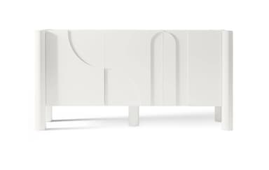 A modern white sideboard with a curved front panel and distinct vertical detailing. It features four cylindrical legs and a clean, minimalist design. The top surface appears flat and continuous. — 3D model