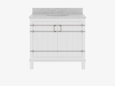A white bathroom vanity cabinet featuring two Shaker-style doors with vertical paneling, a grey marble countertop with an integrated sink cutout, and modern brushed nickel hardware accents including horizontal straps and bar pulls. The unit stands on short, recessed block feet. — 3D model