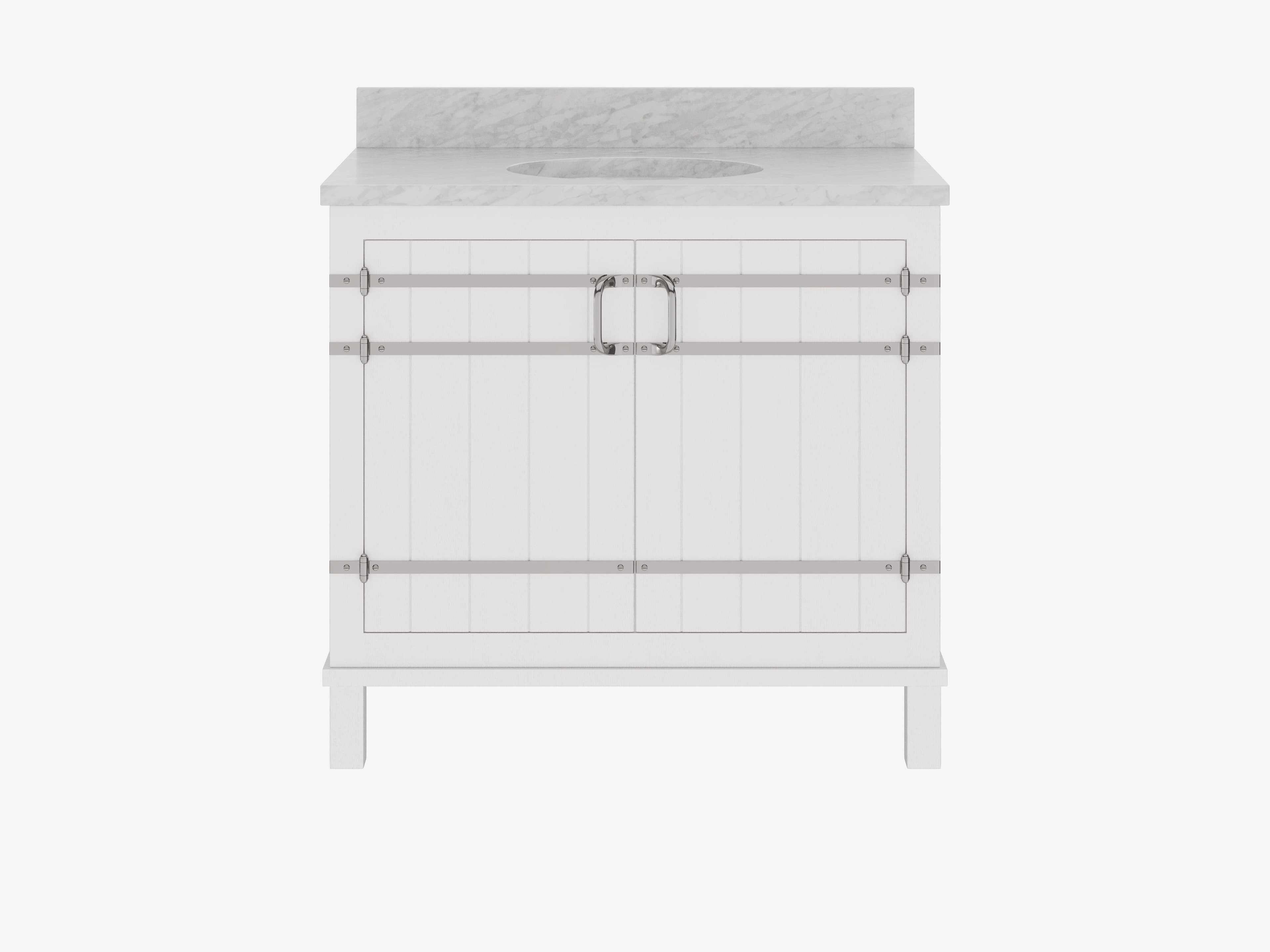 A white bathroom vanity cabinet featuring two Shaker-style doors with vertical paneling, a grey marble countertop with an integrated sink cutout, and modern brushed nickel hardware accents including horizontal straps and bar pulls. The unit stands on short, recessed block feet. — 3D model