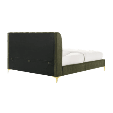 A dark olive green upholstered platform bed featuring a tall, wingback-style headboard with vertical channel tufting. The bed frame is also fully upholstered in the same dark green fabric. It stands on four tapered, gold-finished metal legs, giving it a contemporary and luxurious appearance. The bed is presented with white bedding and two white pillows. — 3D model