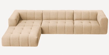 A contemporary modular sectional sofa featuring a right-hand facing chaise lounge, upholstered in a light beige fabric. The design is characterized by its deep channel tufting, creating a distinctive segmented appearance across the seat, back, and arms. The sofa comprises several interconnected units, allowing for flexible configuration, and sits on discreet, low-profile feet. Its plush, rounded form suggests comfort and a modern aesthetic. — 3D model