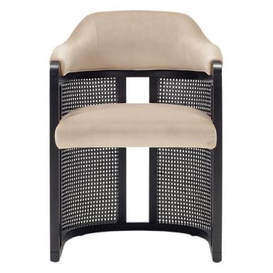 A contemporary barrel-shaped accent chair featuring a dark-stained wooden frame, natural cane detailing on the side and back panels, and light beige upholstered seat and backrest cushions. The chair exhibits a rounded, encompassing form. — 3D model