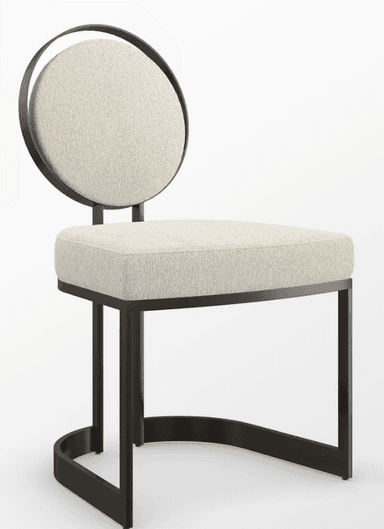 An armless chair featuring a distinctive circular upholstered backrest and a dark metal frame with a sled base. The seat and backrest are upholstered in a light, textured fabric. — 3D model