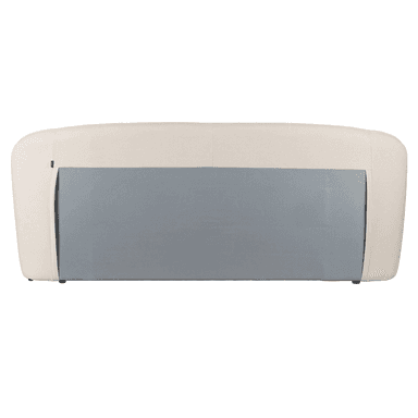 A modern upholstered platform bed featuring a distinctive gently curved headboard that appears to wrap slightly around the sides. The entire frame, including the headboard and low-profile base, is covered in a light, neutral-toned textured fabric. It is presented with a white mattress and two white pillows. — 3D model
