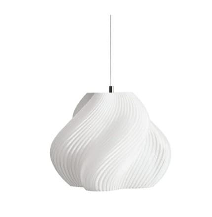 A modern white pendant light featuring a sculptural, organic form with a distinctive fluted or ribbed surface texture. The shade appears to be constructed from a lightweight, matte white polymer material and is suspended by a slender cable. Its design is intended to provide soft, diffused lighting for contemporary interior spaces. — 3D model
