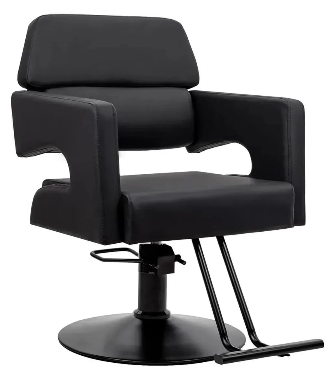 A black hydraulic swivel salon chair featuring faux leather upholstery, a padded backrest, a wide seat, and integrated armrests with unique cut-out details. It stands on a sturdy round black metal base with an attached U-shaped footrest. — 3D model