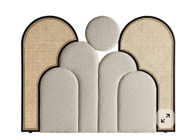 A contemporary headboard with an Art Deco-inspired design, featuring a dark wood frame, light cane rattan panels, and cream boucle upholstered sections arranged in a geometric, scalloped pattern. — 3D model