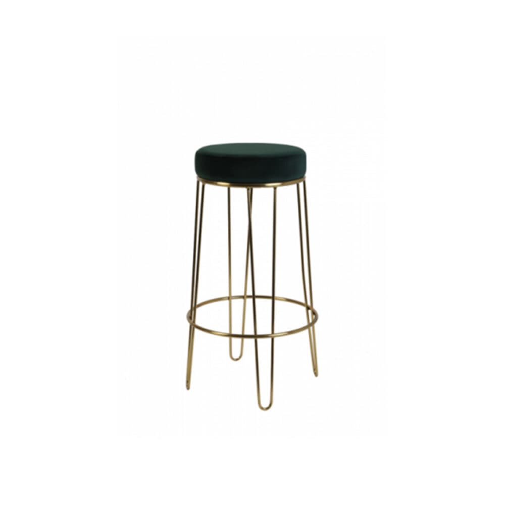 A bar stool with a round, upholstered seat and a slender, open metal frame. The seat is dark green and appears to be velvet. The frame is made of thin, curved metal rods, forming a tapered cylinder supported by three legs that extend downwards and inwards. The frame has a metallic gold finish. — 3D model
