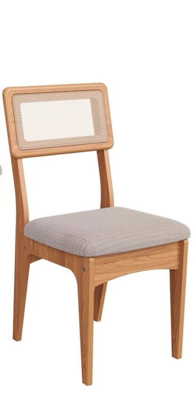 A modern wooden dining chair featuring a light gray upholstered seat and a rectangular cane backrest. The frame is made of light-toned wood, likely oak, with a smooth finish. The chair has a clean, minimalist design with subtly tapered legs. — 3D model