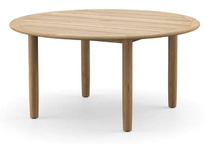 A round dining table constructed from light-toned wood, likely teak or similar outdoor-friendly material. The tabletop features horizontal slats with a slightly raised, smooth rim around the perimeter. A central circular cutout suggests provision for an umbrella. It stands on four sturdy, straight cylindrical legs. — 3D model