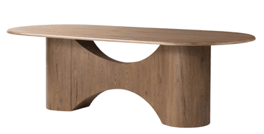 An oval-topped table crafted from natural wood, featuring a distinctive sculptural base composed of two thick, curved vertical panels connected by a large, inverted S-shaped cut-out in the center. — 3D model