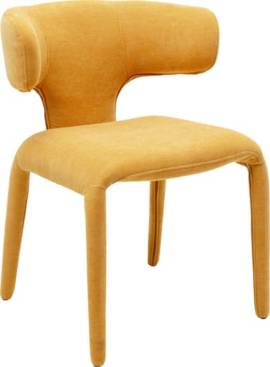 A contemporary armchair with a distinctive curved backrest that flows into integrated armrests. The seat and back are upholstered in a textured, mustard-yellow fabric. It is supported by four tapered legs that extend outwards, also upholstered in the same fabric. The design emphasizes organic curves and a cohesive upholstered form. — 3D model