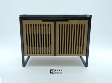 A modern cabinet with a dark, speckled composite countertop, a black metal frame, and two slatted light wood sliding doors. The interior features shelves for storage. The design is minimalist and contemporary, with a strong emphasis on clean lines and mixed materials. — 3D model