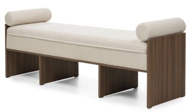 A contemporary bench featuring a rectangular, upholstered seat in cream-colored boucle fabric, accented by two integrated cylindrical bolster pillows at either end. The seat is supported by a dark stained wooden frame with two slab-style legs, creating a minimalist and sturdy profile. — 3D model