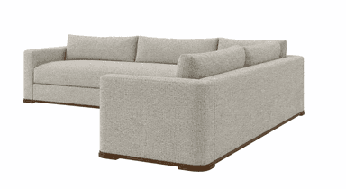 An L-shaped sectional sofa featuring light-colored, textured upholstery and a visible wooden plinth base. The sofa has clean lines, box-style arms, and loose back cushions. It is designed for multi-person seating and has a contemporary aesthetic. — 3D model