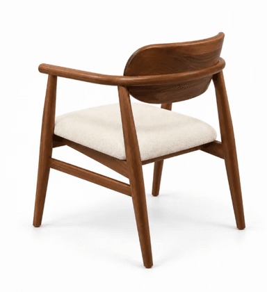 A well-lit, front-facing image of a mid-century modern armchair featuring a solid wood frame with a rich, warm brown finish. The chair includes a curved wooden backrest that flows into rounded armrests. The seat is upholstered in a textured, off-white fabric cushion. The legs are tapered and splayed slightly, contributing to the chair's overall elegant and minimalist aesthetic. The construction appears sturdy and clean. — 3D model
