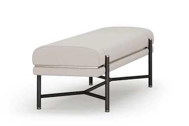 A contemporary upholstered bench featuring a light beige fabric cushion with a subtle texture. The bench is composed of two distinct upholstered layers separated by a slim brass band. The upper layer has rounded edges, while the lower, thinner layer is integrated into the structural design. The upholstery is detailed with subtle double-stitching. The bench is supported by a minimalist black metal frame that incorporates brass accents at the points where the vertical supports meet the horizontal base structure and the bench itself. — 3D model