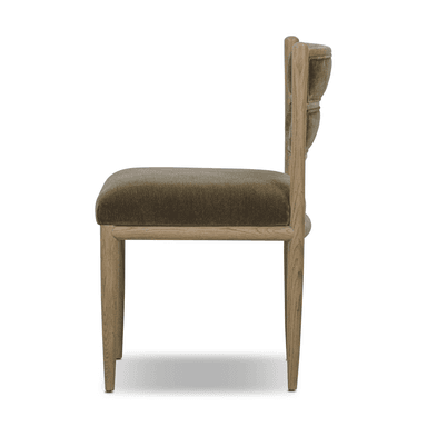 A modern dining chair with a wooden frame and upholstered seat and backrest. The chair features a straight back with two horizontal upholstered panels, supported by a wooden frame. The seat is also upholstered and sits within a wooden frame. The legs are tapered and made of wood. — 3D model