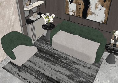 A modern upholstered loveseat featuring a distinctive two-tone design. The backrest and armrests are continuously curved and upholstered in a dark green fabric, while the seat cushion is upholstered in a contrasting light grey or beige fabric. The loveseat has a low profile and rests on short, dark legs. — 3D model