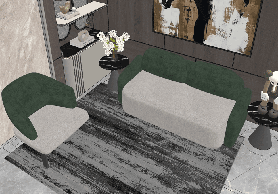 A modern upholstered loveseat featuring a distinctive two-tone design. The backrest and armrests are continuously curved and upholstered in a dark green fabric, while the seat cushion is upholstered in a contrasting light grey or beige fabric. The loveseat has a low profile and rests on short, dark legs. — 3D model
