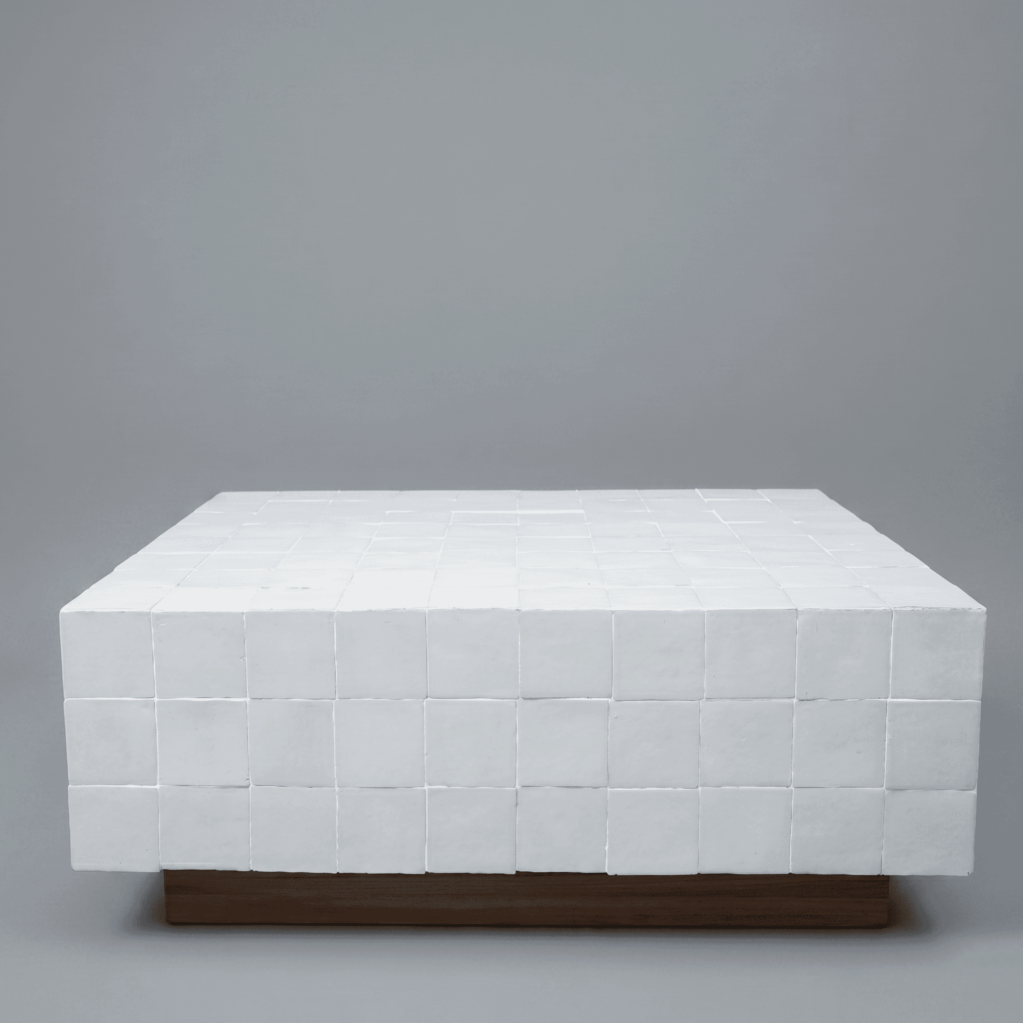 A low-profile, rectangular coffee table with a top and sides clad in small, square white tiles. The table features a thick, solid base made of dark wood, providing a contrast to the tiled surface. The tiles are unevenly sized and have visible grout lines, suggesting a handcrafted or artisanal construction. — 3D model